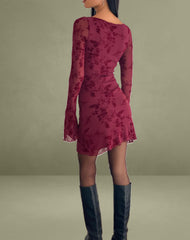 Sevila Long Sleeve Mini Dress in Flocked Botanical Flower Maroon