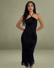 Ribka Halterneck Midi Dress in Orchids Flock Black