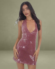 Hepasi Halter Mini Dress in Clear Sequin Maroon