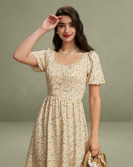 Yellow Floral Puffed Sleeve Midi Dress