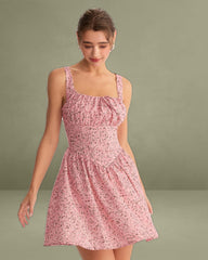 Pink Floral Ruched Corset Slip Mini Dress