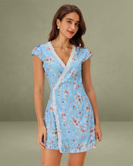 Blue Floral A-Line Wrap Mini Dress