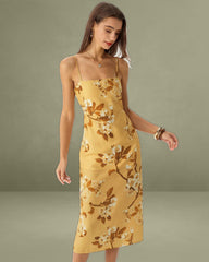 Yellow Floral Shirred Retro Midi Slip Dress