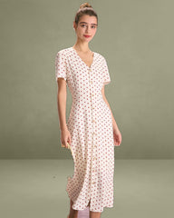 The Beige V Neck Polka Dot Button Midi Dress