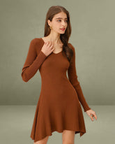 Caramel A-Line Pleated Sweater Dress