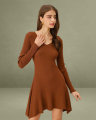 Caramel A-Line Pleated Sweater Dress