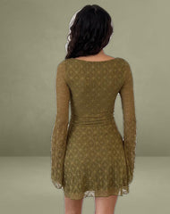 Sevila Long Sleeve Mini Dress in Textured Moss Green