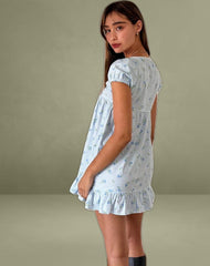 Trim Mini Dress in Blue Flower Gingham