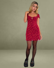 Lashka Mini Dress in Red Grunge Floral Flock