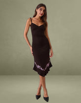 Quelin Midi Dress in Chocolate Brown with Rose Embroidery