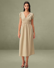 Beige Ruched Puffed Sleeve Midi Dress
