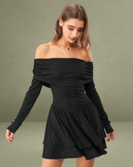 Black A-Line Off The Shoulder Mini Dress