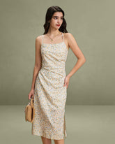Yellow Floral Ruched Slip Midi Dress