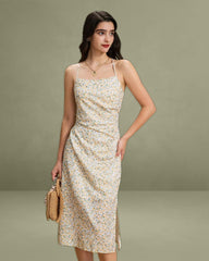 Yellow Floral Ruched Slip Midi Dress