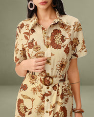 Brown Floral Belted Midi Dress