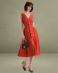 Red V-neck Button Sleeveless Midi Dress