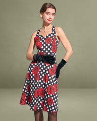 The Sweetheart Neck Polka Dot Rose Halter Midi Dress