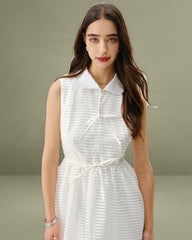 White Striped Sleeveless Midi Dress