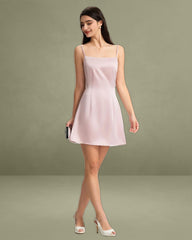 Pink Square Neck Satin Mini Dress
