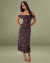 Catrin Midi Dress in Doodle Flower Flock Brown