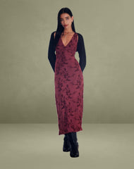 Gabriela Midi Dress in Botanical Flower Maroon