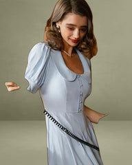 Blue U Neck Puffed Sleeve Pleated Midi Dress