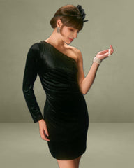 The Black One Shoulder Lurex Velvet Mini Dress