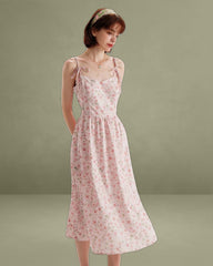 Pink Floral Shirred Slip Midi Dress