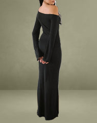 Aldiana Long Sleeve Asymmetric Maxi Dress in Sheer Knit Black