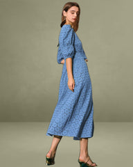 The Blue Puff Sleeve Cutout Slit Maxi Dress