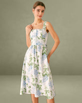 The White Square Neck Floral A-Line Midi Dress