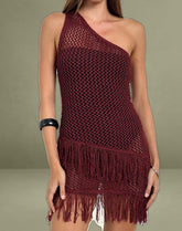 Meloka Asymmetric Fringe Mini Dress in Berry