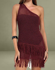 Meloka Asymmetric Fringe Mini Dress in Berry