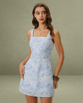 Blue Floral Square Neck A-Line Slip Mini Dress