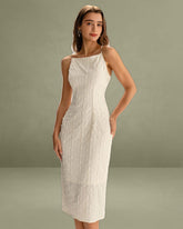 Beige Textured Beaded Slip Midi Dress