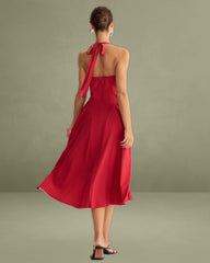 Red Ruched Halter Midi Dress