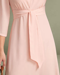 Pink V-Neck Pleated Midi Dress