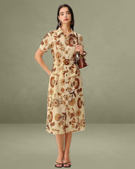 Brown Floral Belted Midi Dress