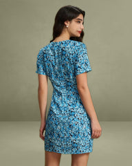 Blue Floral V-Neck Button Mini Dress