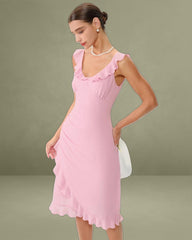 Pink V Neck Ruffle Sleeveless Midi Dress