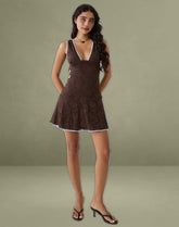 Luscian Mini Dress in Lace Chocolate with Blue Binding