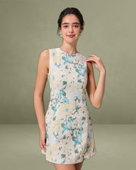 Green Floral Plant Sleeveless Mini Dress