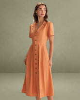 Orange V Neck Pleated Button Midi Dress