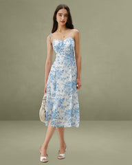 The Blue Sweetheart Neck Shirred Midi Dress