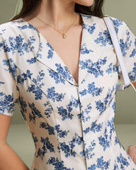 Blue Floral V-Neck Button A-Line Mini Dress