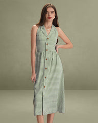 The Green Lapel Plaid Sleeveless Shirt Midi Dress