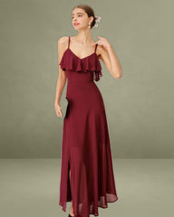 Wine Red Chiffon Ruffle Slip Maxi Dress