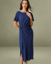 Blue Round Neck Short Sleeve Maxi Dress