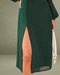 Green Chiffon Mock Neck A-Line Midi Dress