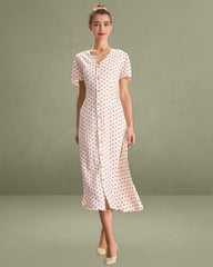 The Beige V Neck Polka Dot Button Midi Dress